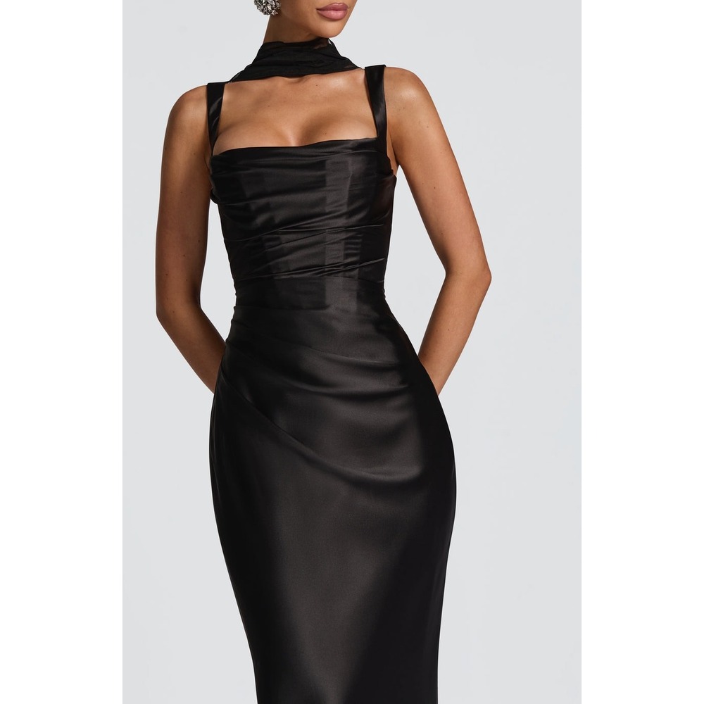 Babyboo Calanthe Maxi Dress M Black Satin Corset Lace Up Formal Gown NWT